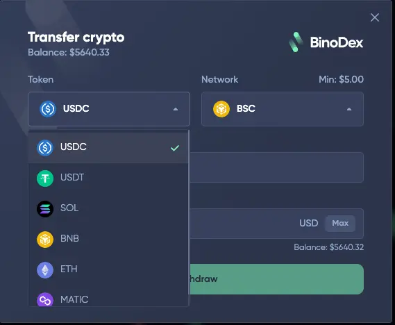 Пополнение и вывод средств Binodex
